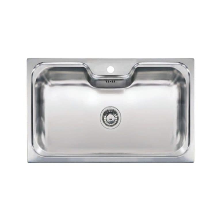 Stainless steel kitchen sink with single basin and modern design, ideal for kitchen renovation and remodeling projects. Durable, easy to clean, perfect for home or commercial kitchens.