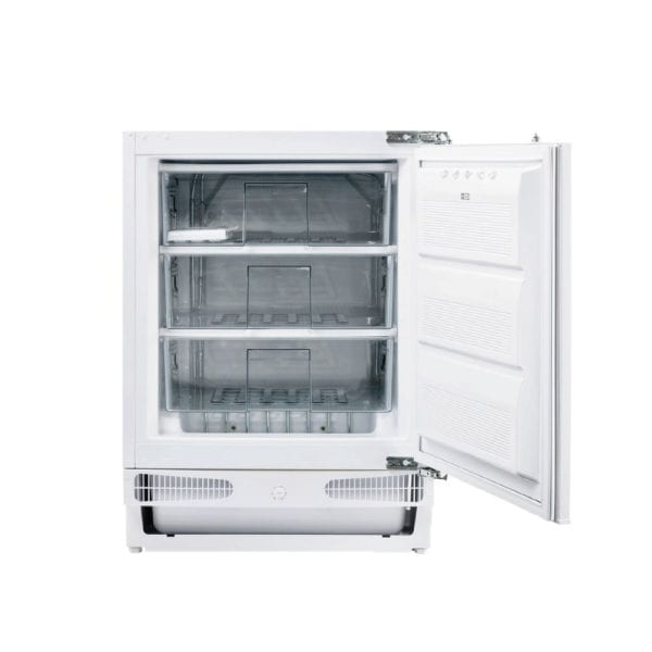 Compact white under-counter refrigerator with adjustable glass shelves, efficient cooling system, and energy-efficient design for stylish kitchen storage solutions.