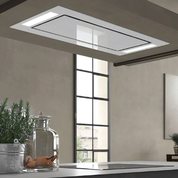 Sleek modern kitchen ceiling ventilation fan with integrated LED lighting for minimalist kitchen design and efficient air circulation.