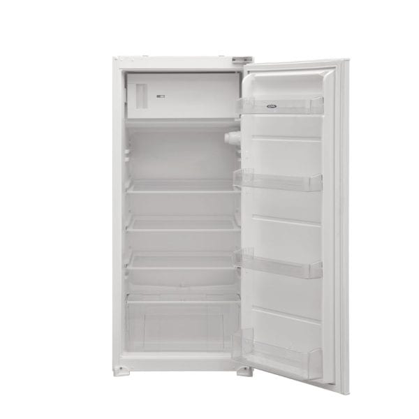 Stainless steel single door refrigerator with multiple shelves and storage compartments for efficient kitchen organization. Perfect for modern kitchen renovations and space-saving solutions.