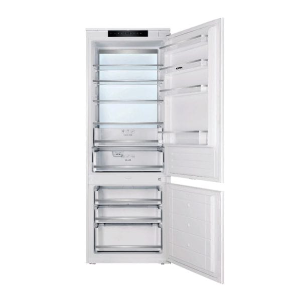 High-efficiency white refrigerator with multiple shelves, freezer compartments, and adjustable storage options, perfect for modern kitchens and food storage solutions.