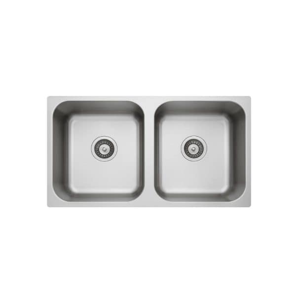 Double stainless steel kitchen sink with deep basins, modern design, and durable construction. Perfect for contemporary kitchen renovation and easy cleaning. High-quality material and sleek appearance.