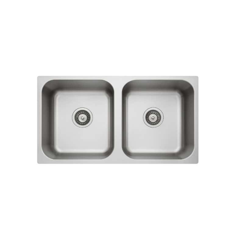 Double stainless steel kitchen sink with deep basins, modern design, and durable construction. Perfect for contemporary kitchen renovation and easy cleaning. High-quality material and sleek appearance.