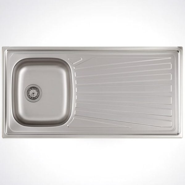 Stainless steel kitchen sink with drain and integrated draining board, modern design for kitchen remodeling and renovation projects, durable and easy to clean.