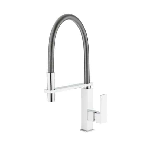 Sleek modern kitchen faucet with stainless steel finish and pull-down spray head, ideal for contemporary kitchen sink setups.