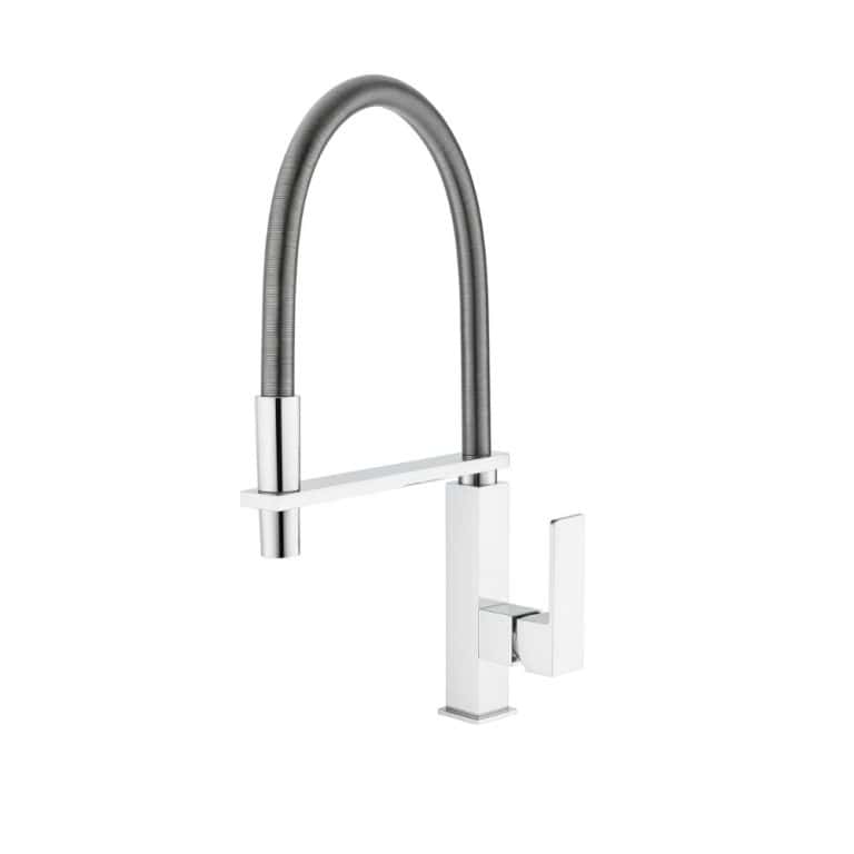 Sleek modern kitchen faucet with stainless steel finish and pull-down spray head, ideal for contemporary kitchen sink setups.