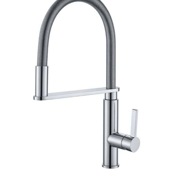 Sleek modern kitchen faucet with a high-arc spout and chrome finish, ideal for contemporary kitchen sink setups and water filtration systems.