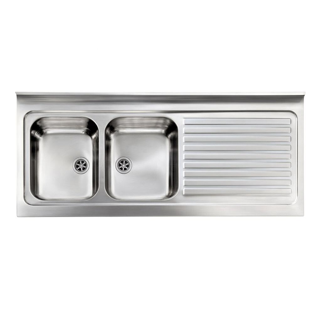 Stainless steel kitchen sink with dual basins and a draining board, ideal for modern kitchen renovations and durable food prep areas. Premium quality, easy to clean, and corrosion-resistant.