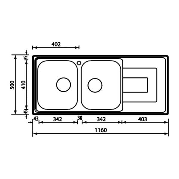 Double basin stainless steel kitchen sink with integrated drainboard, 1160 mm width, modern design for kitchen remodeling and renovation.