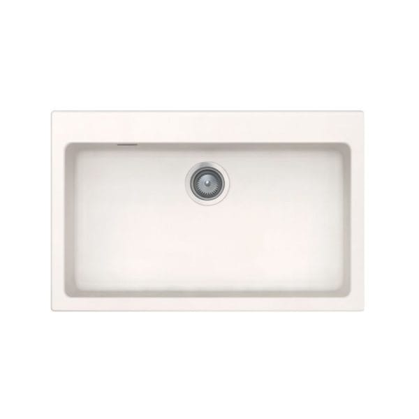 White kitchen sink with integrated drain, ideal for modern kitchen designs. Perfect for outdoor and indoor kitchens, offering durability and style. Explore high-quality kitchen sinks at KitchenByPro.com.