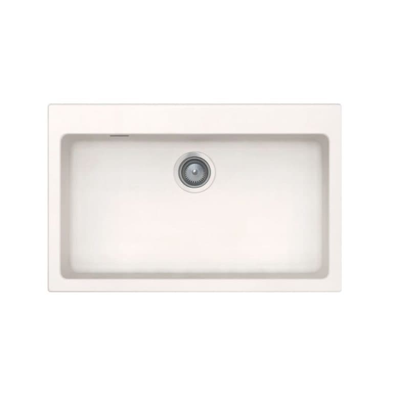 White kitchen sink with integrated drain, ideal for modern kitchen designs. Perfect for outdoor and indoor kitchens, offering durability and style. Explore high-quality kitchen sinks at KitchenByPro.com.
