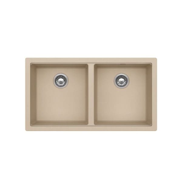 Stainless steel double kitchen sink with beige composite granite finish, undermount installation, durable material, modern design, perfect for home kitchen renovation.