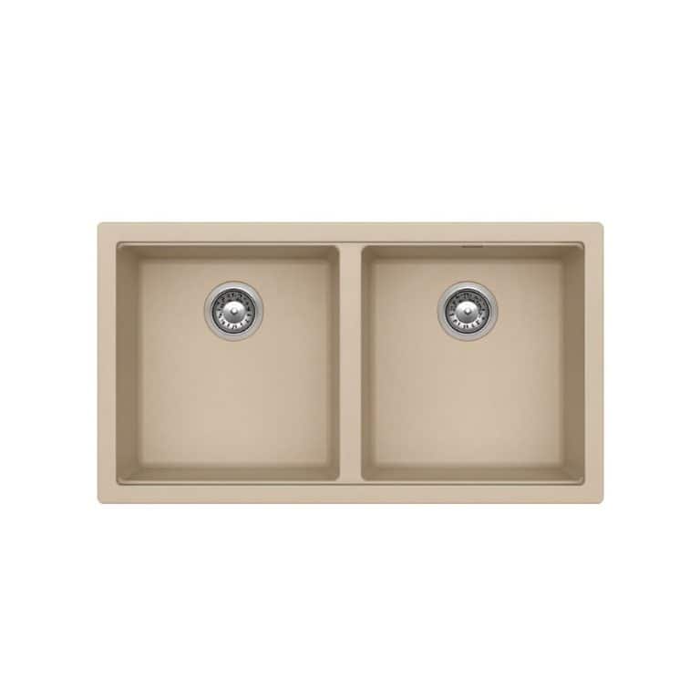 Stainless steel double kitchen sink with beige composite granite finish, undermount installation, durable material, modern design, perfect for home kitchen renovation.