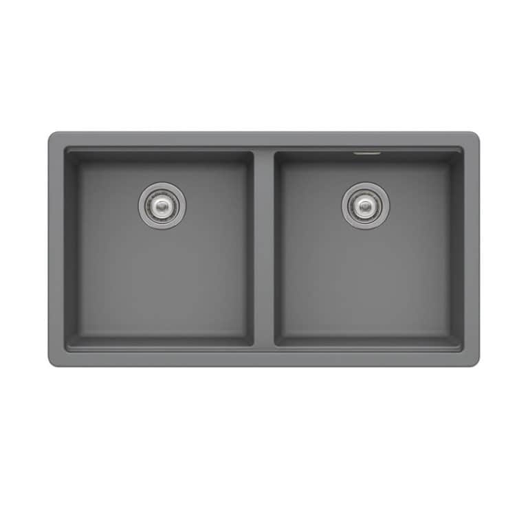 Stainless steel double kitchen sink with undermount installation, modern design, durable construction, perfect for contemporary kitchens.