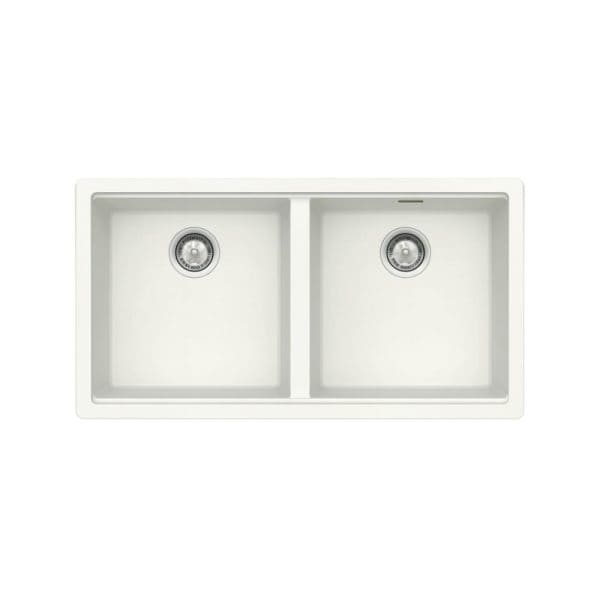 Double bowl kitchen sink with stainless steel drains, ideal for modern kitchen countertops and efficient food prep. Durable, easy-to-clean design enhances kitchen functionality and style.