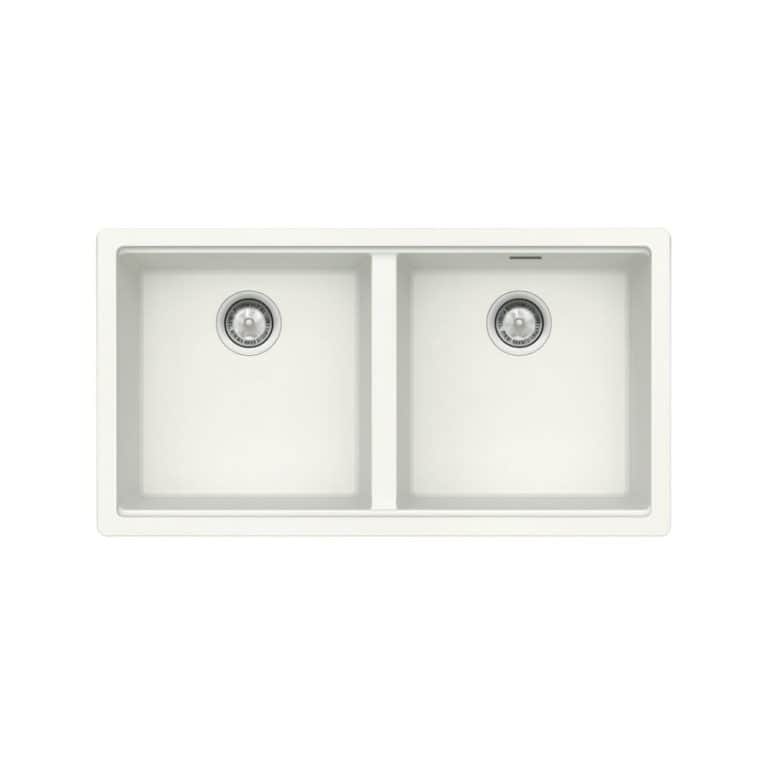 Double bowl kitchen sink with stainless steel drains, ideal for modern kitchen countertops and efficient food prep. Durable, easy-to-clean design enhances kitchen functionality and style.
