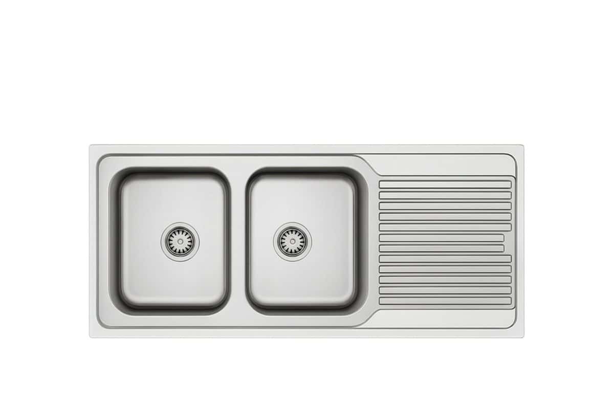 Stainless steel kitchen sink with dual basins and integrated draining board, perfect for modern kitchen renovation and cooking efficiency.