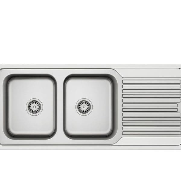 Stainless steel kitchen sink with dual basins and integrated draining board, perfect for modern kitchen renovation and cooking efficiency.