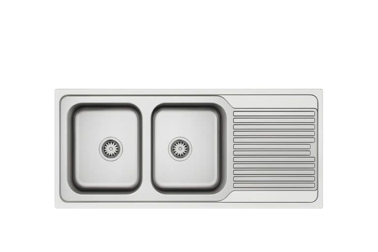 Stainless steel kitchen sink with dual basins and integrated draining board, perfect for modern kitchen renovation and cooking efficiency.