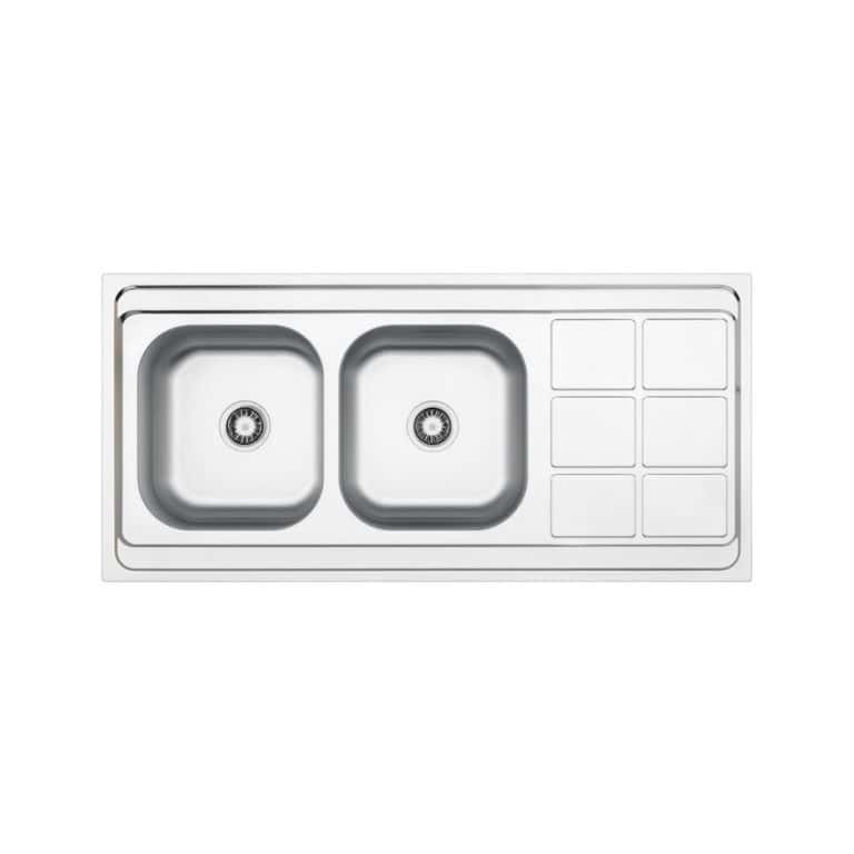Stainless steel kitchen sink with dual bowls and integrated drainboards, modern design, durable material, ideal for contemporary kitchens, easy to clean and maintain.