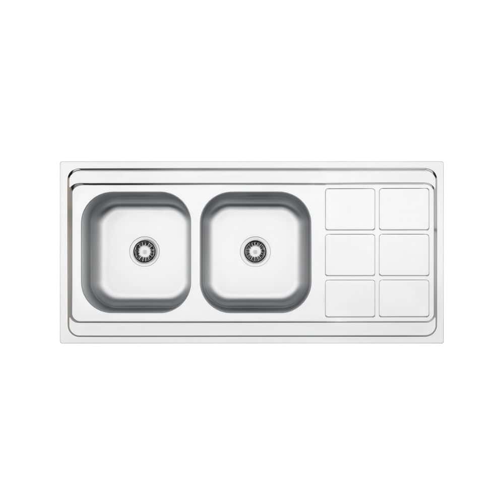 Stainless steel kitchen sink with dual bowls and integrated drainboards, modern design, durable material, ideal for contemporary kitchens, easy to clean and maintain.