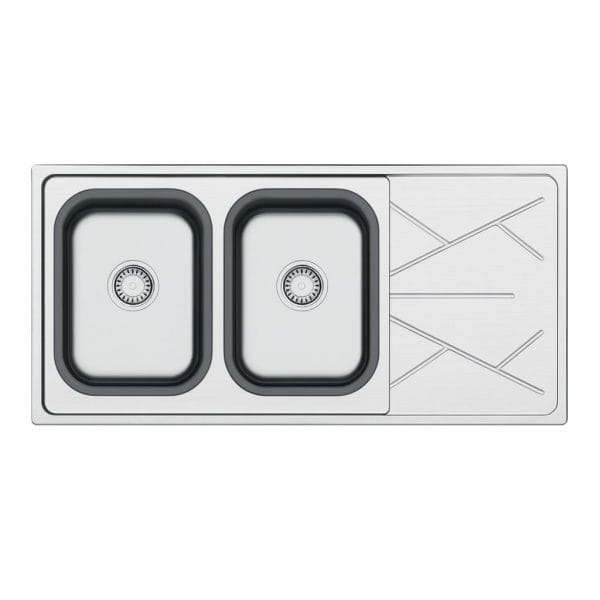 Stainless steel double kitchen sink with black rubber gaskets and integrated drainboard, modern design, ideal for kitchen remodeling or new installations.