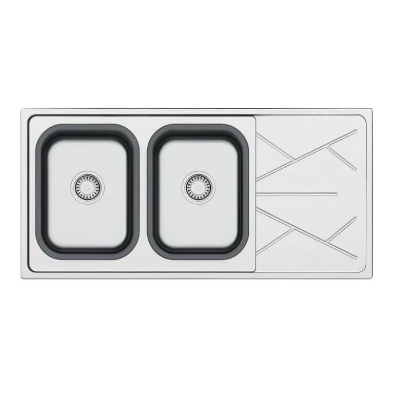 Stainless steel double kitchen sink with black rubber gaskets and integrated drainboard, modern design, ideal for kitchen remodeling or new installations.