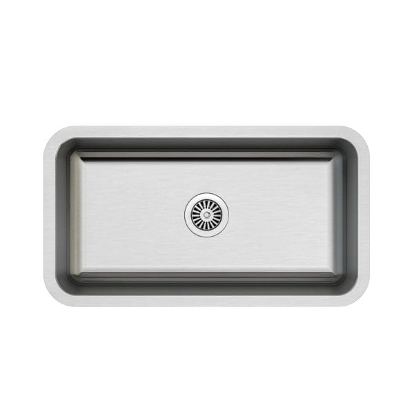 Stainless steel kitchen sink with modern design, single basin, and drain in the center, ideal for contemporary kitchen remodeling and installation.