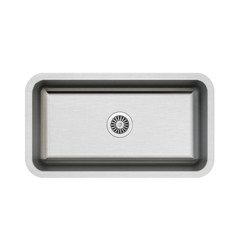 Stainless steel kitchen sink with modern design, single basin, and drain in the center, ideal for contemporary kitchen remodeling and installation.