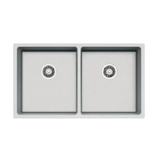 Stainless steel double kitchen sink with two basins, modern design, suitable for contemporary kitchens, durable and easy to clean.