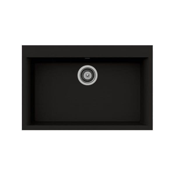 Black kitchen sink with modern design, stainless steel finish, and undermount installation for contemporary kitchens.