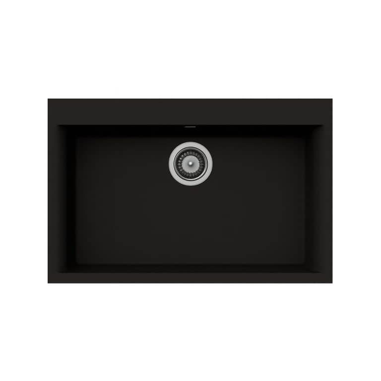 Black kitchen sink with modern design, stainless steel finish, and undermount installation for contemporary kitchens.