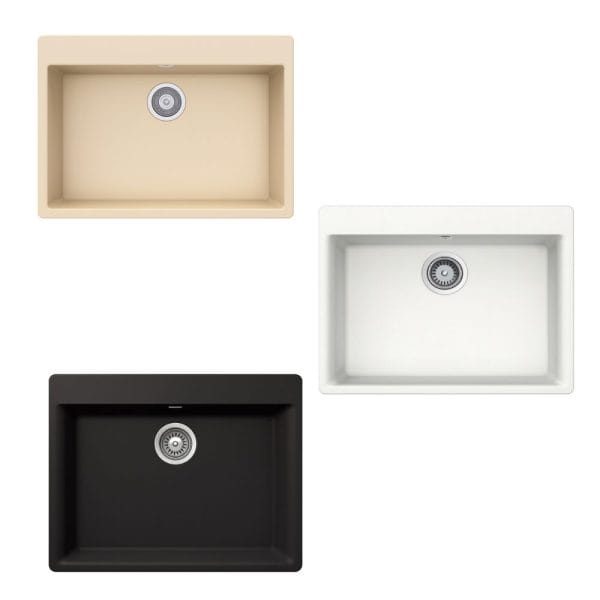 Cream-colored kitchen sink with stainless steel drain, modern design, and durable composite material.