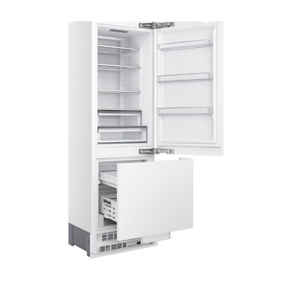 Stainless steel and white modern refrigerator with multiple shelves and spacious storage compartments. Perfect for kitchen organization and food preservation.