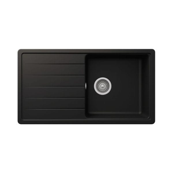 High-quality black kitchen sink with integrated draining board, sleek modern design, durable material, perfect for contemporary kitchens, easy to clean, and installation ready.