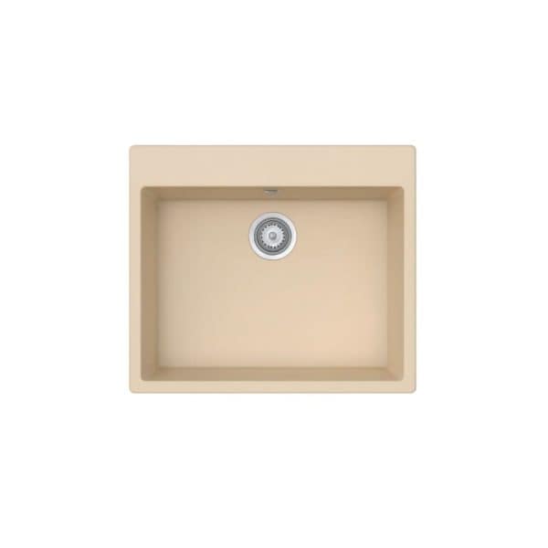 Cream-colored under-mount kitchen sink with a smooth, modern finish and a stainless steel drain, ideal for contemporary kitchen remodeling and durable daily use.