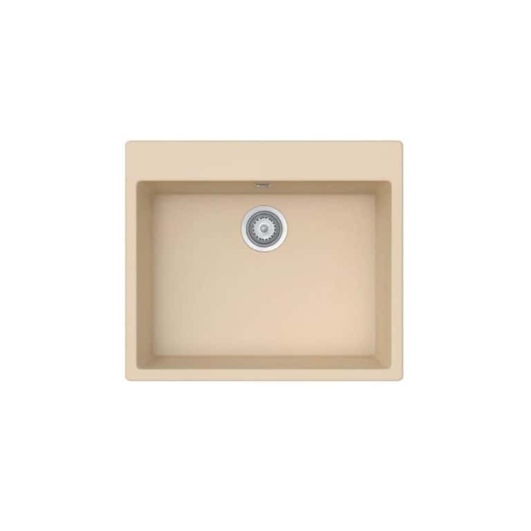 Cream-colored under-mount kitchen sink with a smooth, modern finish and a stainless steel drain, ideal for contemporary kitchen remodeling and durable daily use.