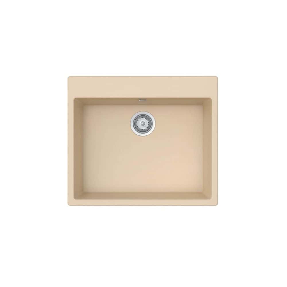 Cream-colored under-mount kitchen sink with a smooth, modern finish and a stainless steel drain, ideal for contemporary kitchen remodeling and durable daily use.