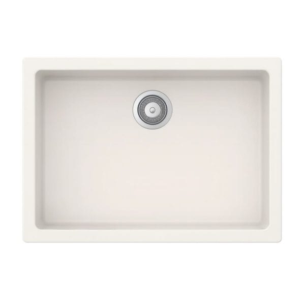 Modern white kitchen sink with stainless steel drain, undermount design for seamless countertop integration, durable and easy to maintain, ideal for kitchen renovation and remodeling projects.