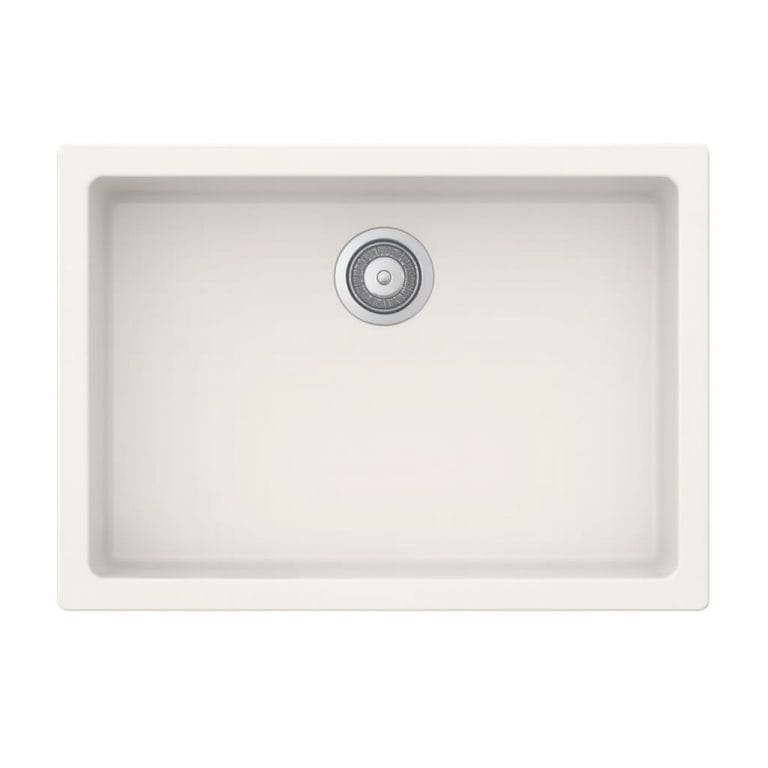 Modern white kitchen sink with stainless steel drain, undermount design for seamless countertop integration, durable and easy to maintain, ideal for kitchen renovation and remodeling projects.