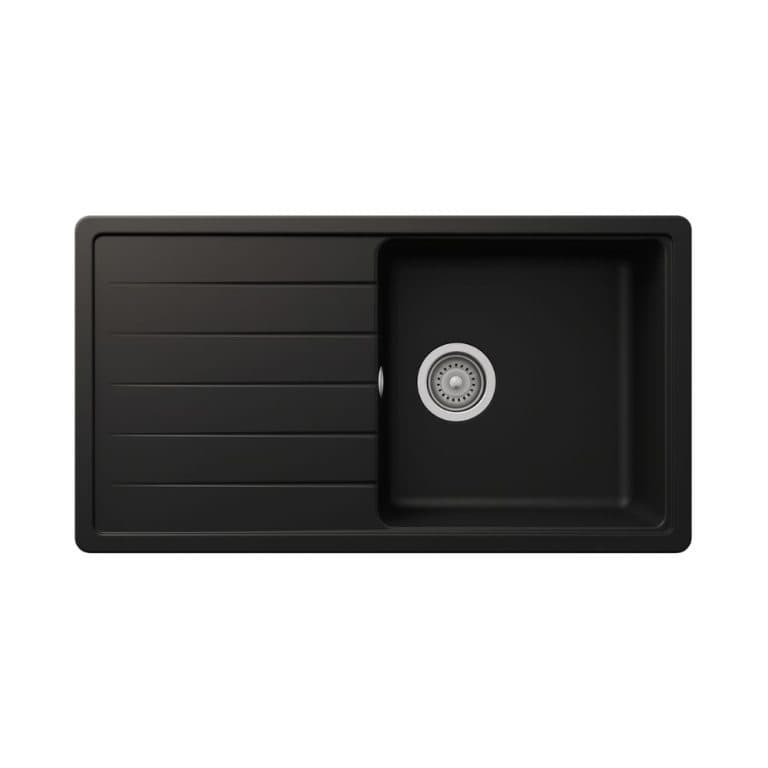 Black kitchen sink with integrated draining board and stainless steel drain, designed for modern kitchens. Durable and stylish, ideal for sleek, functional kitchen renovation.