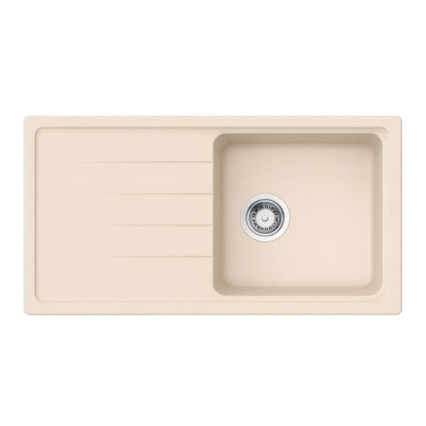 Durastone kitchen sink in beige with side drainer and stainless steel drain, perfect for modern kitchen countertops and durable for daily use.