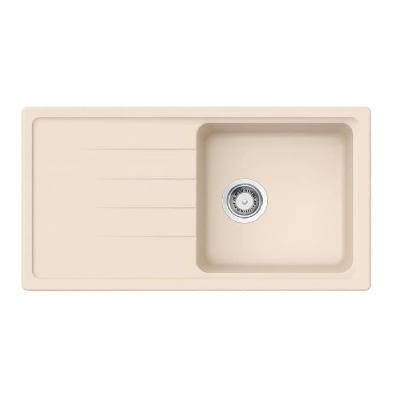 Durastone kitchen sink in beige with side drainer and stainless steel drain, perfect for modern kitchen countertops and durable for daily use.