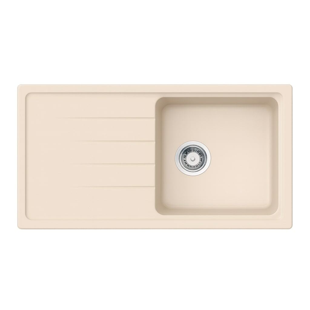 Durastone kitchen sink in beige with side drainer and stainless steel drain, perfect for modern kitchen countertops and durable for daily use.