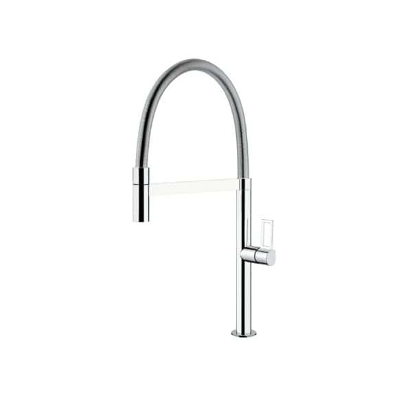 Modern stainless steel kitchen faucet with high arc spout and single handle for gourmet kitchen sink installations.
