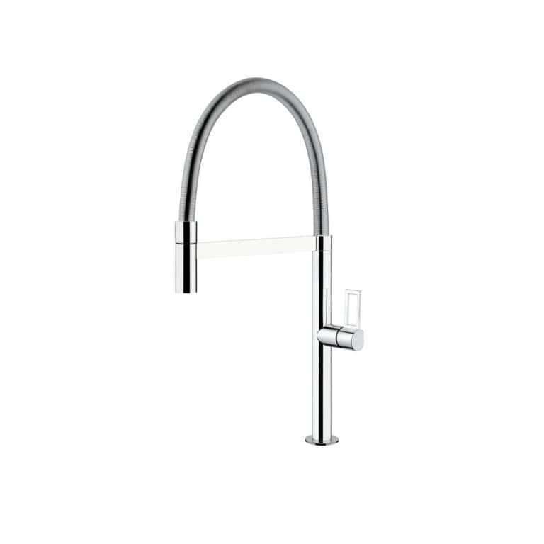 Modern stainless steel kitchen faucet with high arc spout and single handle for gourmet kitchen sink installations.