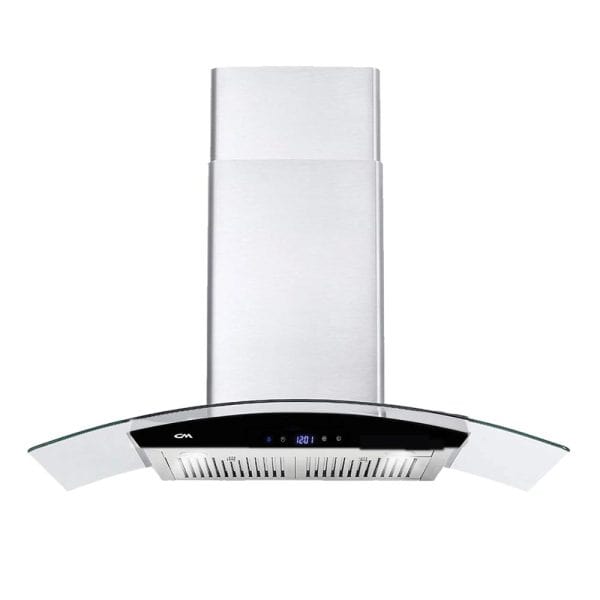 Stainless steel modern kitchen range hood with digital display, sleek curved design, and efficient ventilation system. Perfect for contemporary kitchen appliances and cooking spaces.