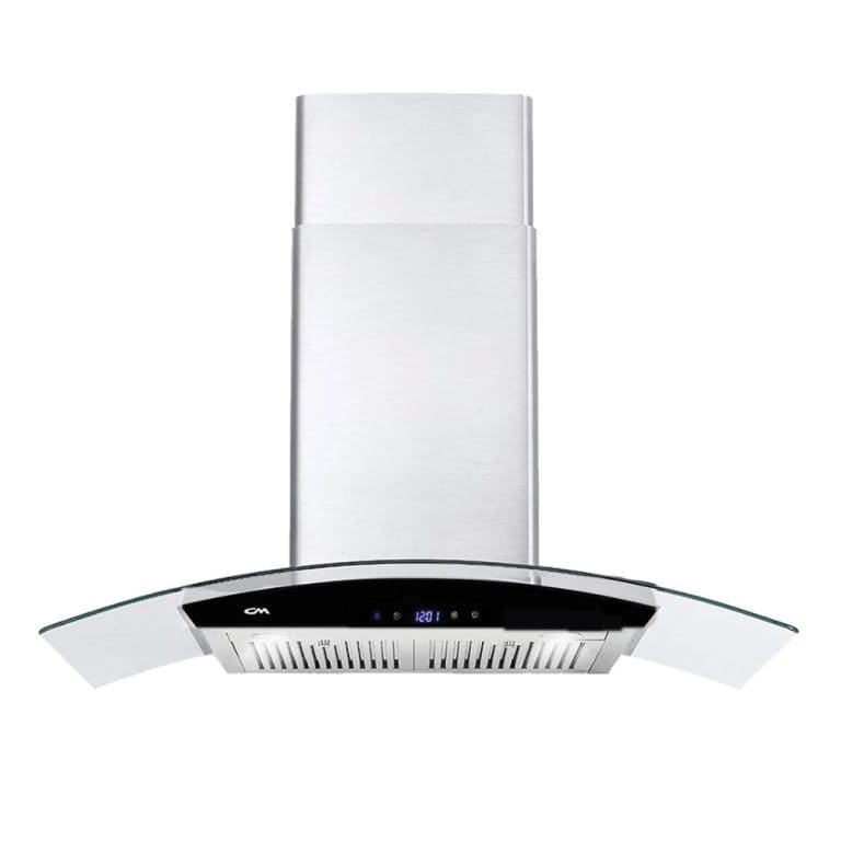 Stainless steel modern kitchen range hood with digital display, sleek curved design, and efficient ventilation system. Perfect for contemporary kitchen appliances and cooking spaces.