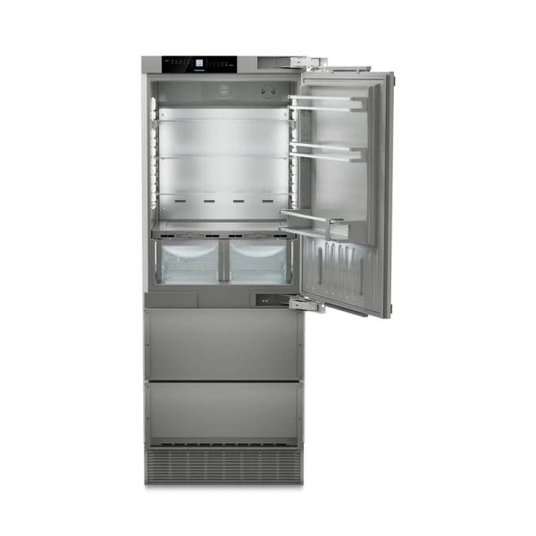 High-end stainless steel built-in refrigerator with spacious interior, adjustable shelves, and energy-efficient design, perfect for modern kitchens.