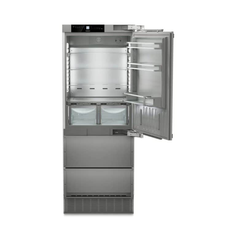 High-end stainless steel built-in refrigerator with spacious interior, adjustable shelves, and energy-efficient design, perfect for modern kitchens.